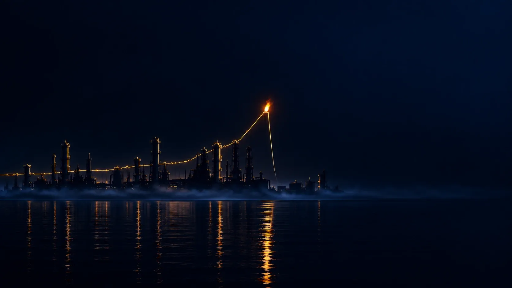 A night-time oil refinery on the water, its pipes and towers linked by a single golden line that climbs across the complex like a rising price chart, up a tall flare stack topped with a real flame, its light burning in reflection on the dark sea below, as a metaphor for a manufactured shortage turning into a price nobody can talk back down.